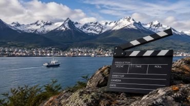 bahia de ushuaia con claqueta de cine